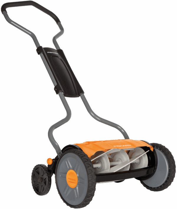 Fiskars mechaninė vejapjovė, dideliais ratais be žolės rinktuvo