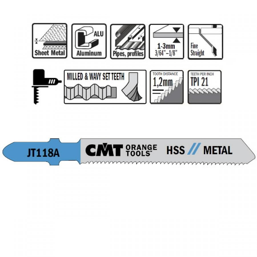 Pjūkleliai siaurapjūkliams 50×1,2mm Z21TPI HSS 5vnt. metalas, CMT Pjūkleliai siaurapjūkliams 50x1,2mm Z21TPI HSS 5vnt. metalas, CMT