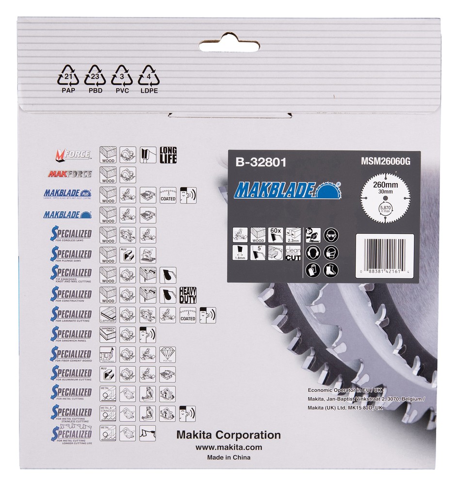 Pjovimo diskas medienai 260X2.3X30mm 5° T60 MAKBLADE Pjovimo diskas medienai 260X2.3X30mm 5° T60 MAKBLADE