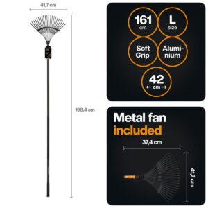 OneClick metalinis, vėduoklinis lapų grėblys +kotas L