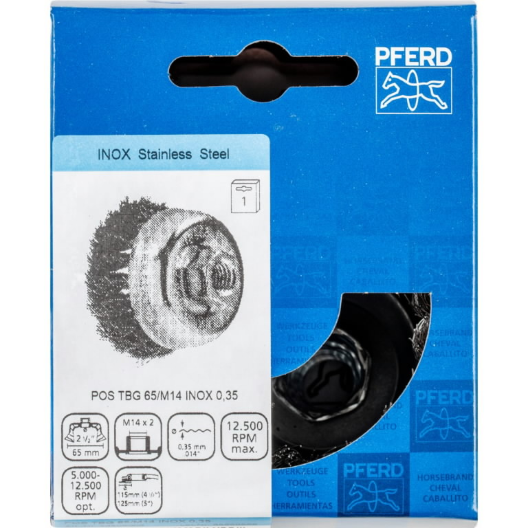 Gaubtas vielinis šepetys TBG Inox 65×20/M14 0,35mm, Pferd Gaubtas vielinis šepetys TBG Inox 65x20/M14 0,35mm, Pferd