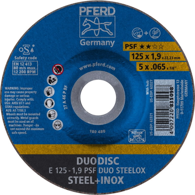 Pjovimo ir šlifavimo diskas plienui PSF DUO Steelox 125×1,9m 125×1,9mm, Pferd Pjovimo ir šlifavimo diskas plienui PSF DUO Steelox 125x1,9m 125x1,9mm, Pferd