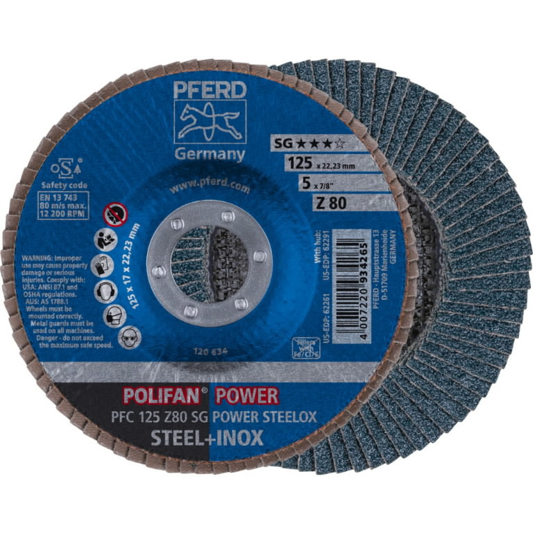 Lapelinis šlifavimo diskas SG POWER STEELOX 125mm Z80 PFC, Pferd Lapelinis šlifavimo diskas SG POWER STEELOX 125mm Z80 PFC, Pferd