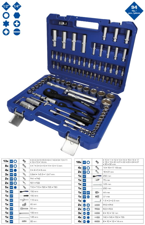 Galvučių komplektas, 94-vnt, 1/4″, 1/2″, Brilliant Tools Galvučių komplektas, 94-vnt, 1/4", 1/2", Brilliant Tools