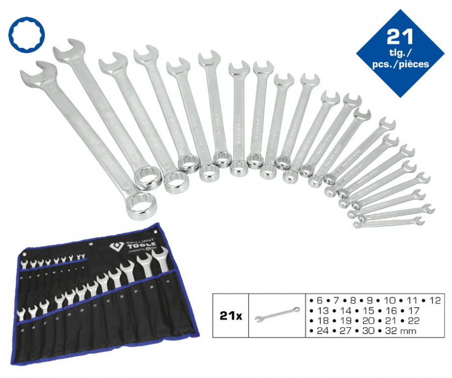 Kombinuotų raktų komplektas 6-32mm, 21-vnt., Brilliant Tools Kombinuotų raktų komplektas 6-32mm, 21-vnt., Brilliant Tools