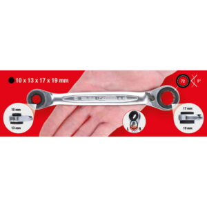 Dvigubas žiedinis terkšlinis raktas su reversu 10x19mm-13x17, KS Tools