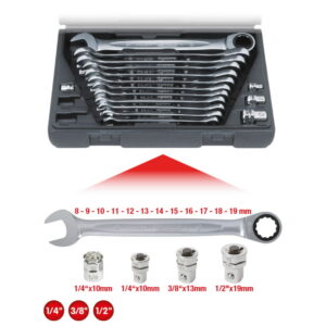 Kombinuotų terkšlinių raktų komplektas su adapteriais 16vnt, KS Tools