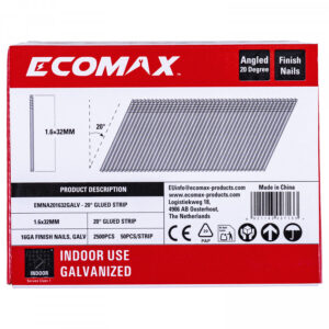 Finish nails 20´, 16GA, electrogalvanized, glued strip, 5000 pcs/pack 32x1,6 mm, Ecomax