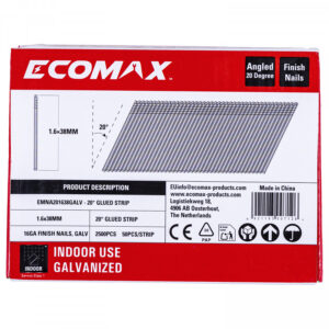 Finish nails 20´, 16GA, electrogalvanized, glued strip, 5000 pcs/pack 38x1,6 mm, Ecomax