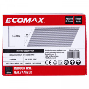 Finish nails 20´, 16GA, electrogalvanized, glued strip, 5000 pcs/pack 45x1,6 mm, Ecomax