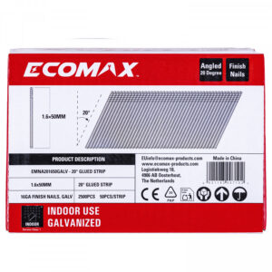 Finish nails 20´, 16GA, electrogalvanized, glued strip, 5000 pcs/pack 50x1,6 mm, Ecomax