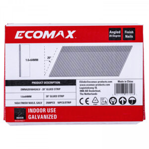 Finish nails 20´, 16GA, electrogalvanized, glued strip, 2500 pcs/pack 64x1,6 mm, Ecomax