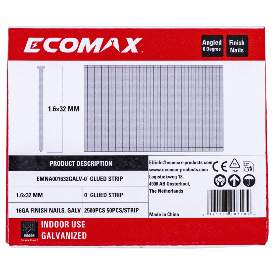 Finish nails 0´, 16GA, electrogalvanized, glued strip, 5000 pcs/pack 32×1,6 mm, Ecomax Finish nails 0´, 16GA, electrogalvanized, glued strip, 5000 pcs/pack 32x1,6 mm, Ecomax