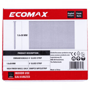 Finish nails 0´, 16GA, electrogalvanized, glued strip, 5000 pcs/pack 38x1,6 mm, Ecomax