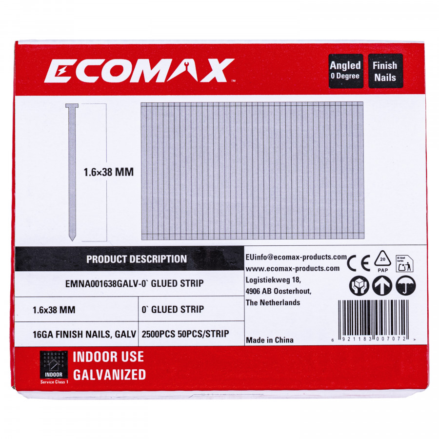 Finish nails 0´, 16GA, electrogalvanized, glued strip, 5000 pcs/pack 38×1,6 mm, Ecomax Finish nails 0´, 16GA, electrogalvanized, glued strip, 5000 pcs/pack 38x1,6 mm, Ecomax