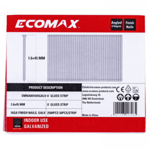 Finish nails 0´, 16GA, electrogalvanized, glued strip, 5000 pcs/pack 45x1,6 mm, Ecomax