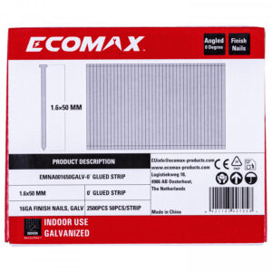 Finish nails 0´, 16GA, electrogalvanized, glued strip, 5000 pcs/pack 50x1,6 mm, Ecomax