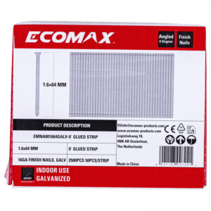 Finish nails 0´, 16GA, electrogalvanized, glued strip, 5000 pcs/pack 64x1,6 mm, Ecomax