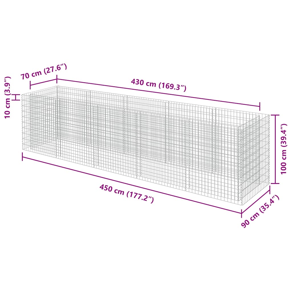 Gabiono vazonas, galvanizuotas plienas, 450x90x100cm, aukštas Gabiono vazonas, galvanizuotas plienas, 450x90x100cm, aukštas