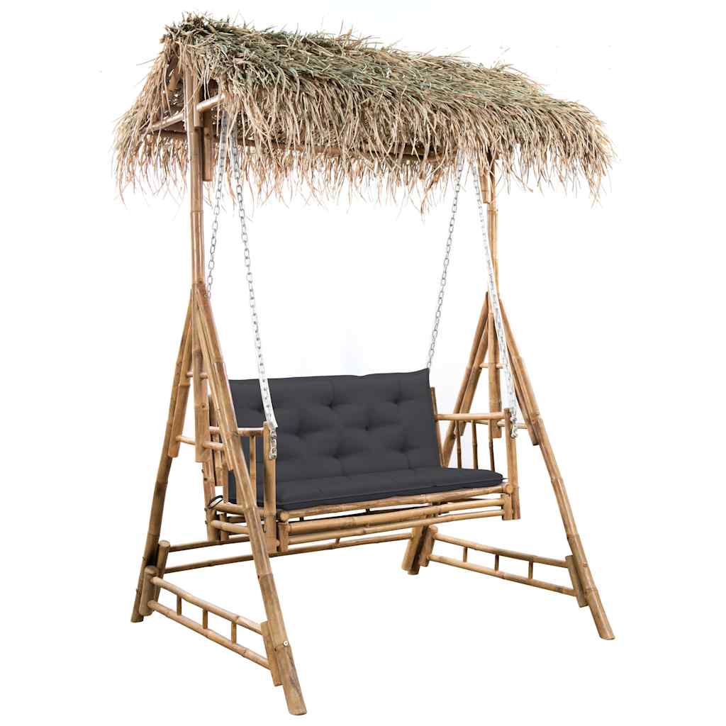 Dvivietės sūpynės su palmių lapais ir pagalve, 202cm, bambukas Dvivietės sūpynės su palmių lapais ir pagalve, 202cm, bambukas - Image 2