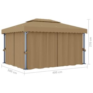 Pavėsinė su užuolaidomis, taupe spalvos, 4x3m, aliuminis