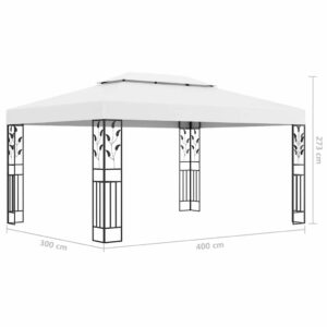 Pavėsinė su lemputėmis LED ir dvigubu stogu, baltos, 3x4m