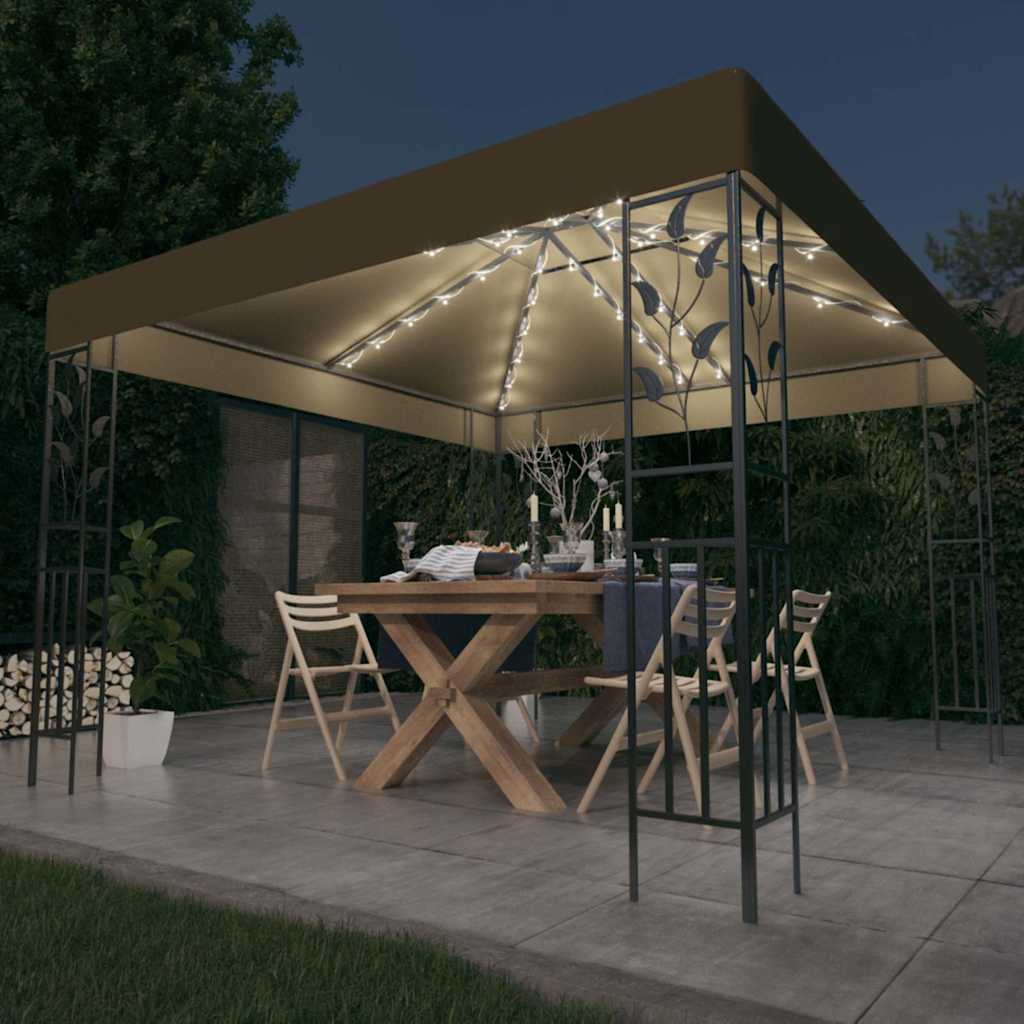Pavėsinė su lempučių girliandomis LED, taupe, 3x3m, 180g/m² Pavėsinė su lempučių girliandomis LED, taupe, 3x3m, 180g/m² - Image 2