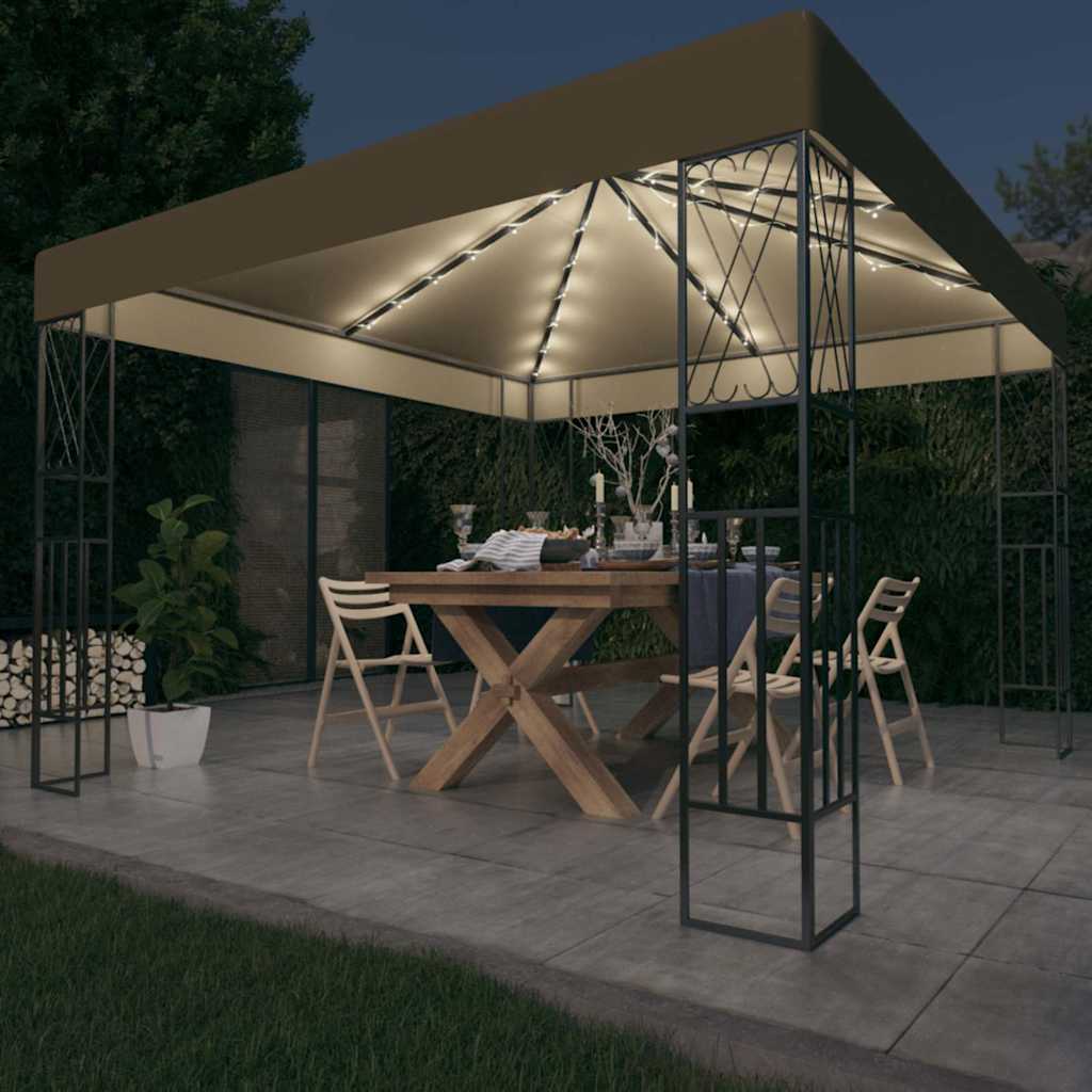 Pavėsinė su lempučių girliandomis LED, taupe, 3x3m Pavėsinė su lempučių girliandomis LED, taupe, 3x3m - Image 2
