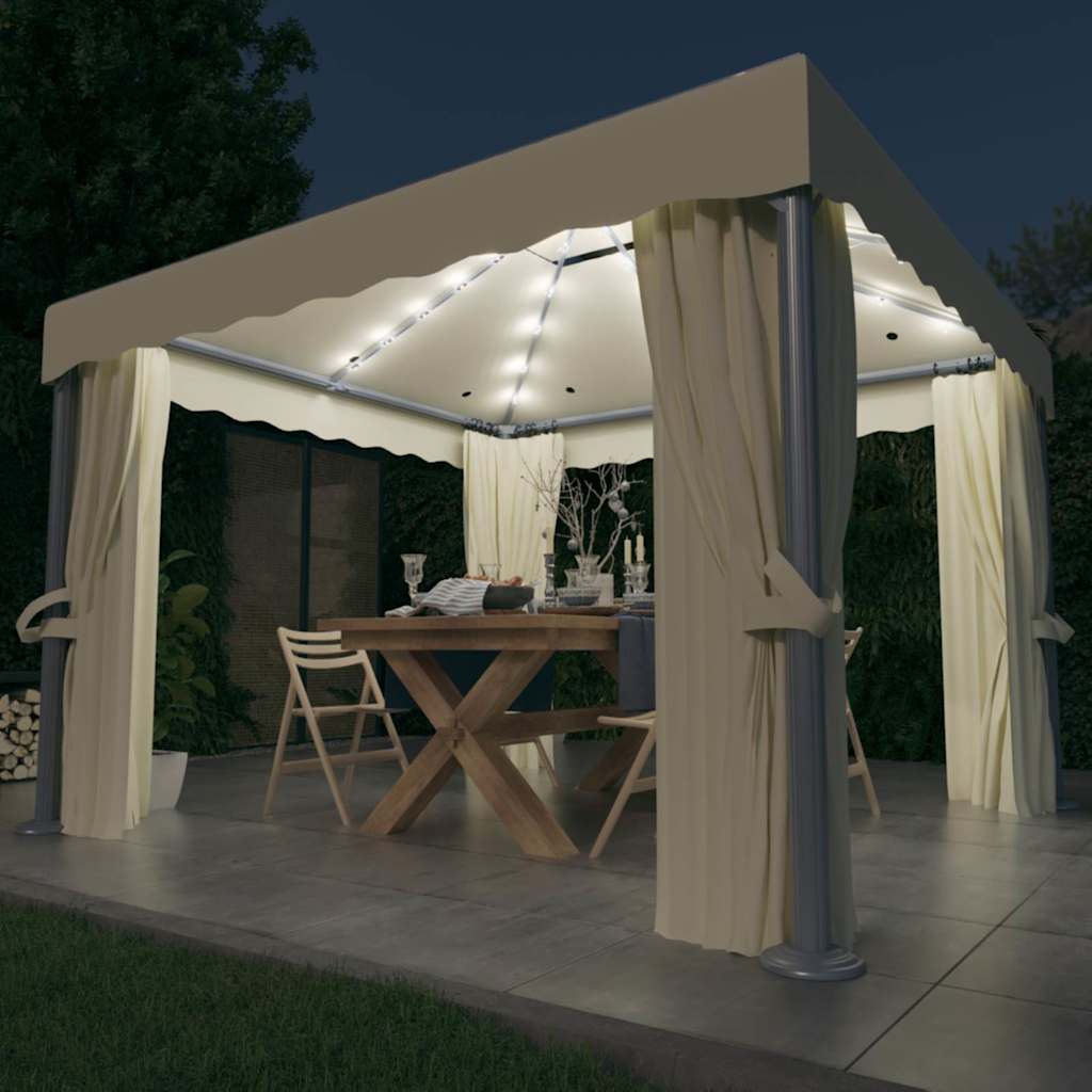 Pavėsinė su lemputėmis ir užuolaidomis LED, kreminė balta, 3x3m Pavėsinė su lemputėmis ir užuolaidomis LED, kreminė balta, 3x3m - Image 2