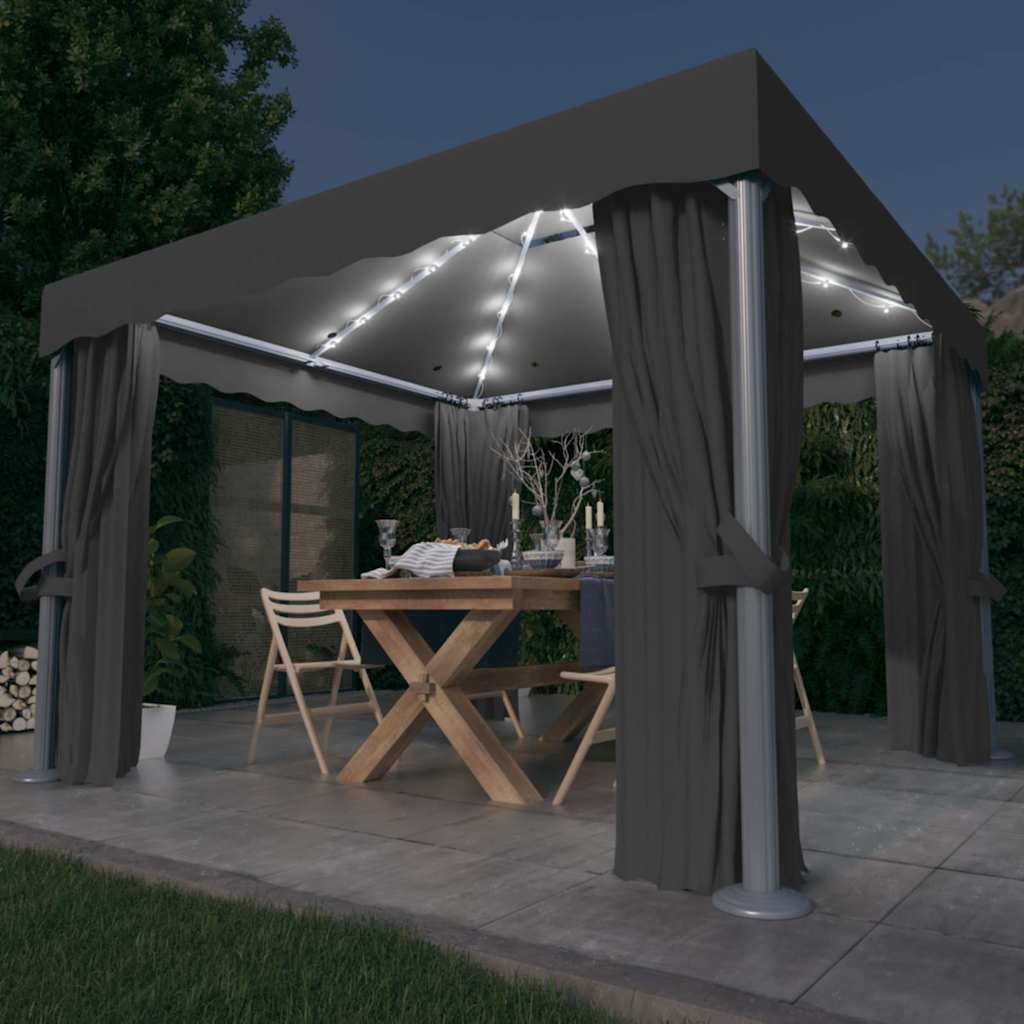 Pavėsinė su lemputėmis ir užuolaidomis LED, antracito, 3x3m Pavėsinė su lemputėmis ir užuolaidomis LED, antracito, 3x3m - Image 2