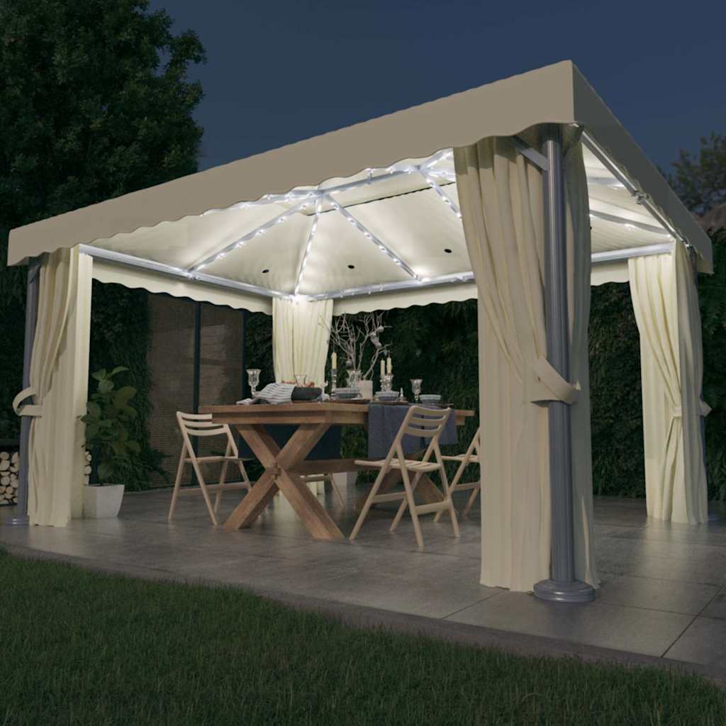 Pavėsinė su lemputėmis ir užuolaidomis LED, kreminė balta, 4x3m Pavėsinė su lemputėmis ir užuolaidomis LED, kreminė balta, 4x3m - Image 2
