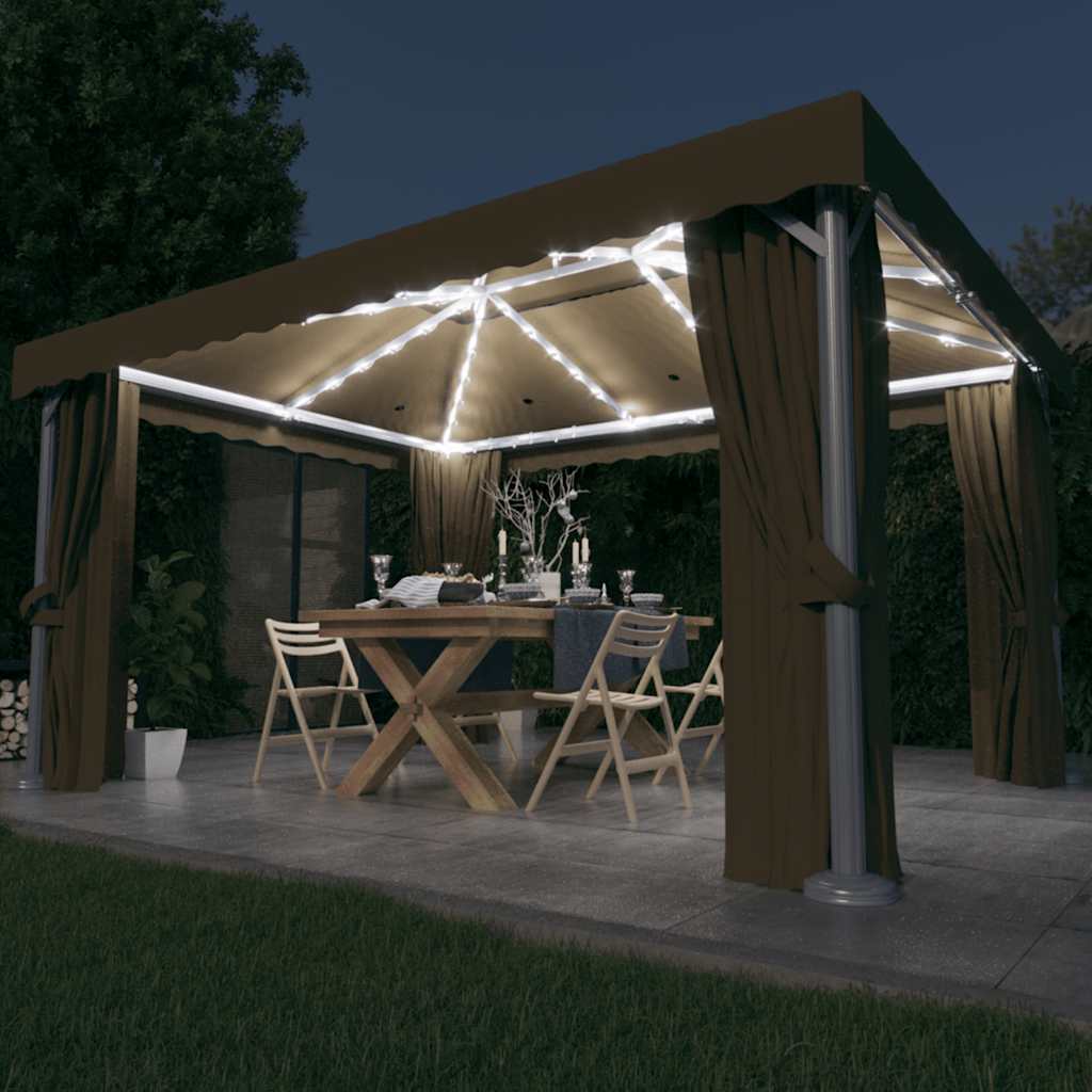 Pavėsinė su lemputėmis ir užuolaidomis LED, taupe, 4x3m Pavėsinė su lemputėmis ir užuolaidomis LED, taupe, 4x3m - Image 2