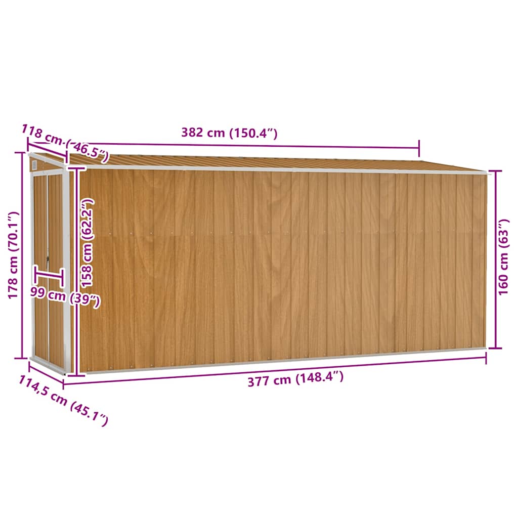 Prie sienos montuojamas sodo sandėliukas, rudas, 118x382x178 cm, cinkuotas plienas Prie sienos montuojamas sodo sandėliukas, rudas, 118x382x178 cm, cinkuotas plienas - Image 7