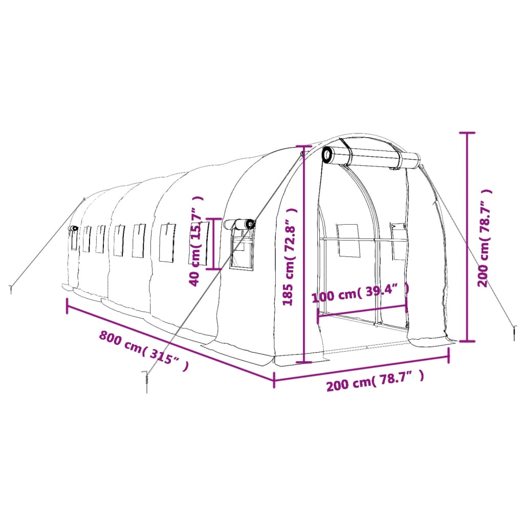 Šiltnamis su plieno rėmu, žalios spalvos, 8x2x2m, 16m² Šiltnamis su plieno rėmu, žalios spalvos, 8x2x2m, 16m²