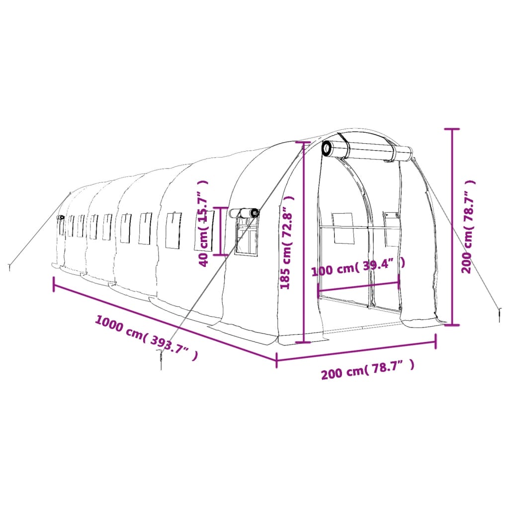 Šiltnamis su plieno rėmu, žalios spalvos, 10x2x2m, 20m² Šiltnamis su plieno rėmu, žalios spalvos, 10x2x2m, 20m²