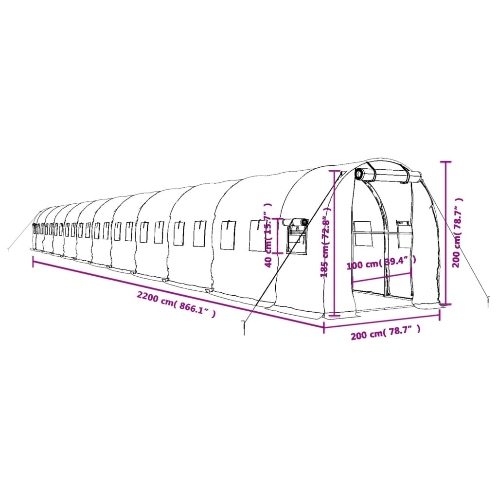 Šiltnamis su plieno rėmu, žalios spalvos, 22x2x2m, 44m² Šiltnamis su plieno rėmu, žalios spalvos, 22x2x2m, 44m²
