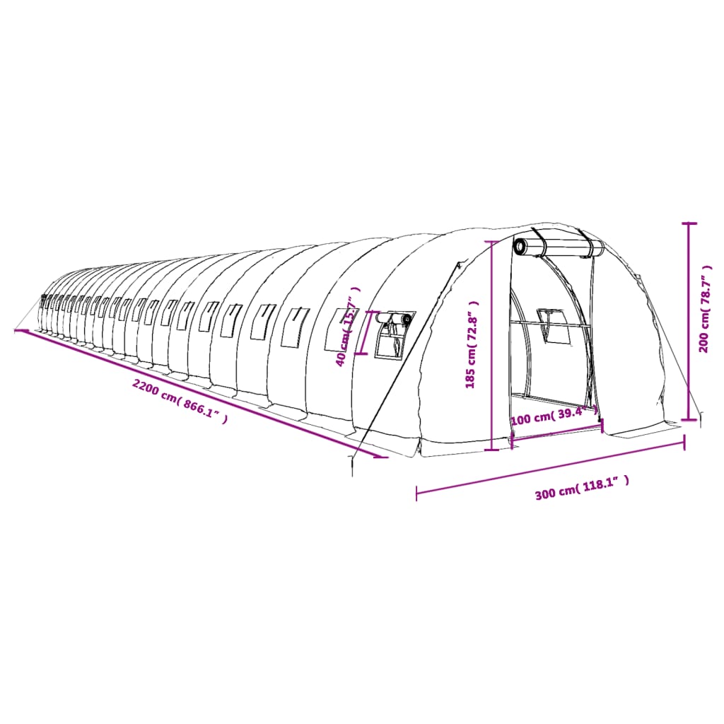Šiltnamis su plieno rėmu, žalios spalvos, 22x3x2m, 66m² Šiltnamis su plieno rėmu, žalios spalvos, 22x3x2m, 66m²