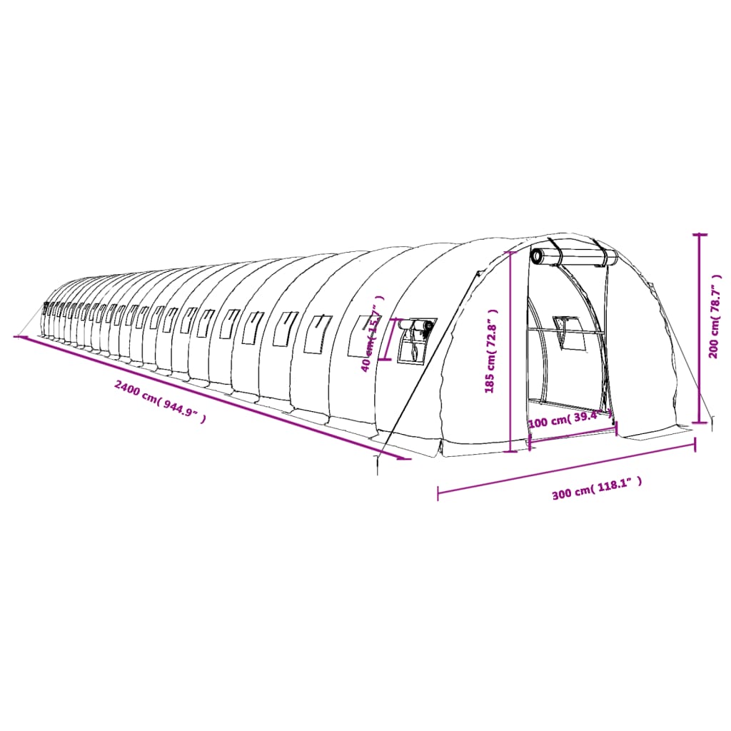 Šiltnamis su plieno rėmu, žalios spalvos, 24x3x2m, 72m² Šiltnamis su plieno rėmu, žalios spalvos, 24x3x2m, 72m²