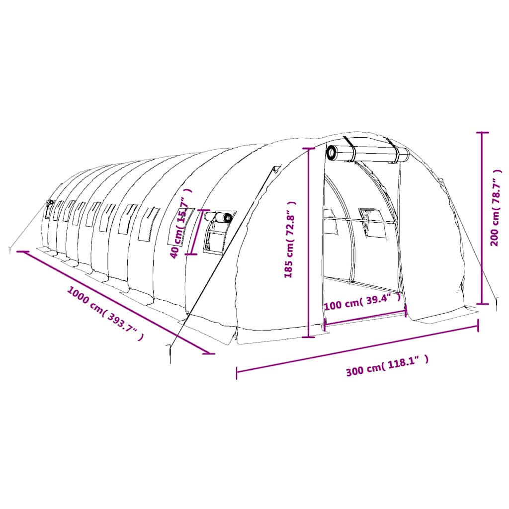 Šiltnamis su plieno rėmu, baltos spalvos, 10x3x2m, 30m² Šiltnamis su plieno rėmu, baltos spalvos, 10x3x2m, 30m²