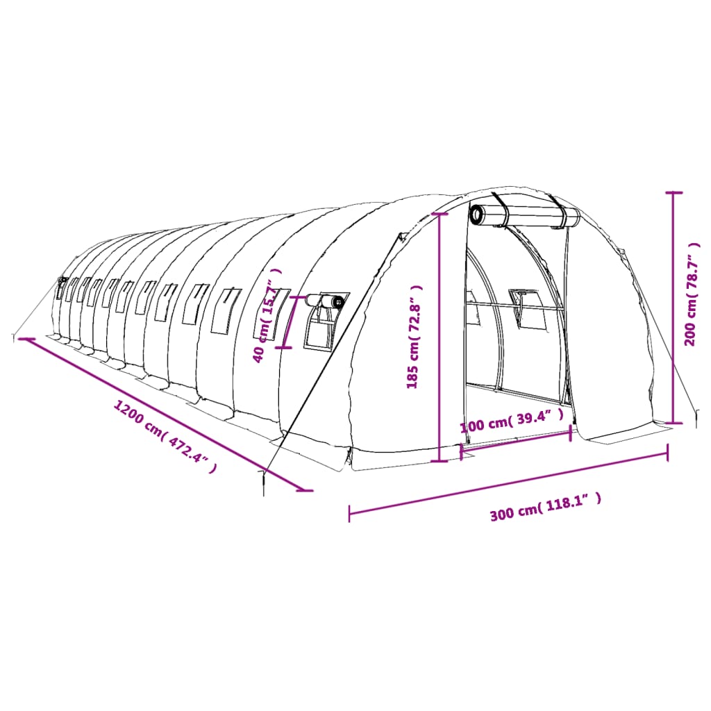 Šiltnamis su plieno rėmu, baltos spalvos, 12x3x2m, 36m² Šiltnamis su plieno rėmu, baltos spalvos, 12x3x2m, 36m²