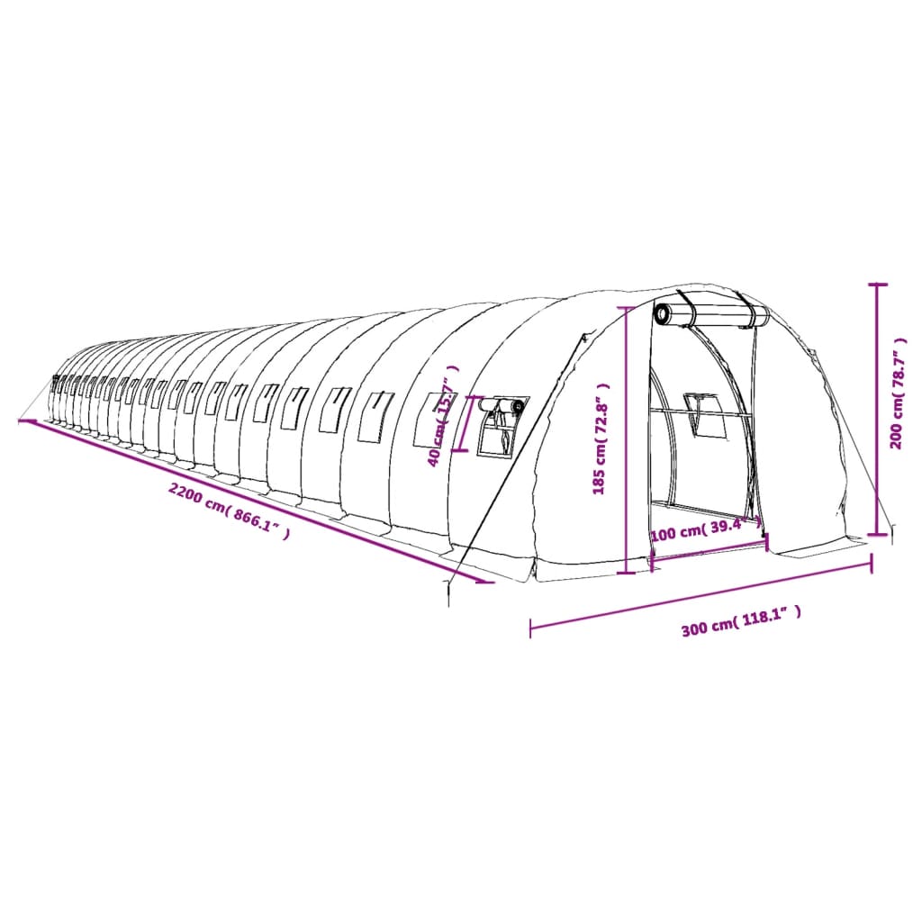 Šiltnamis su plieno rėmu, baltos spalvos, 22x3x2m, 66m² Šiltnamis su plieno rėmu, baltos spalvos, 22x3x2m, 66m²