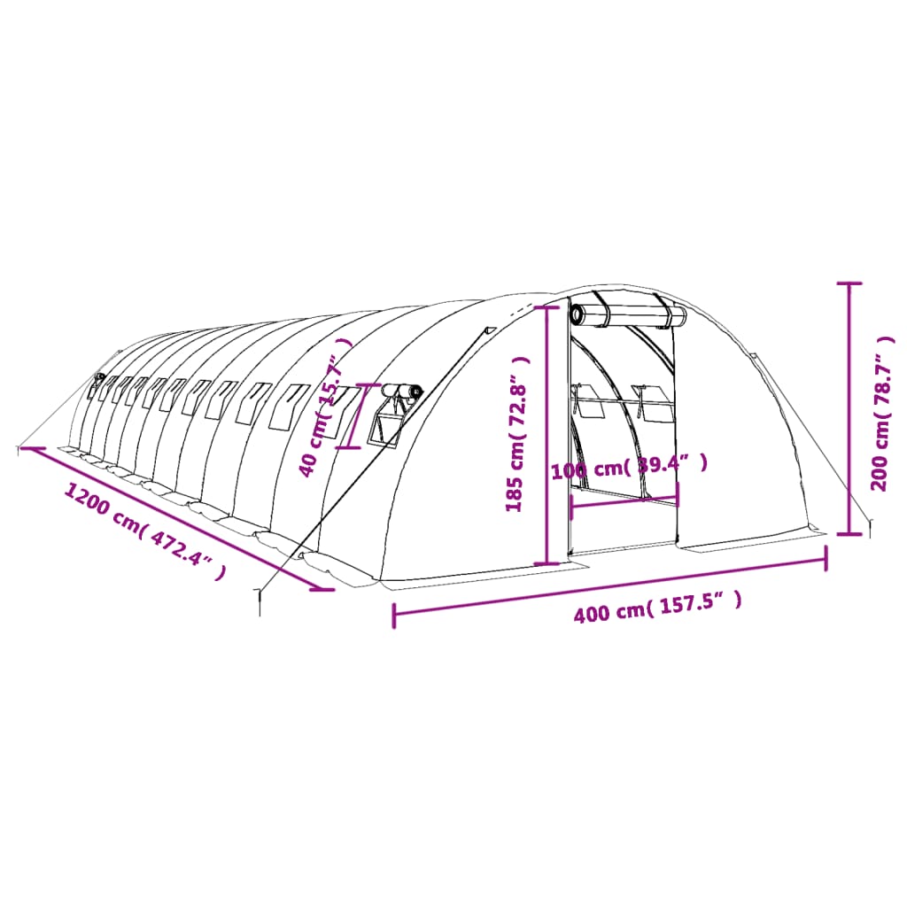 Šiltnamis su plieno rėmu, žalios spalvos, 12x4x2m, 48m² Šiltnamis su plieno rėmu, žalios spalvos, 12x4x2m, 48m²