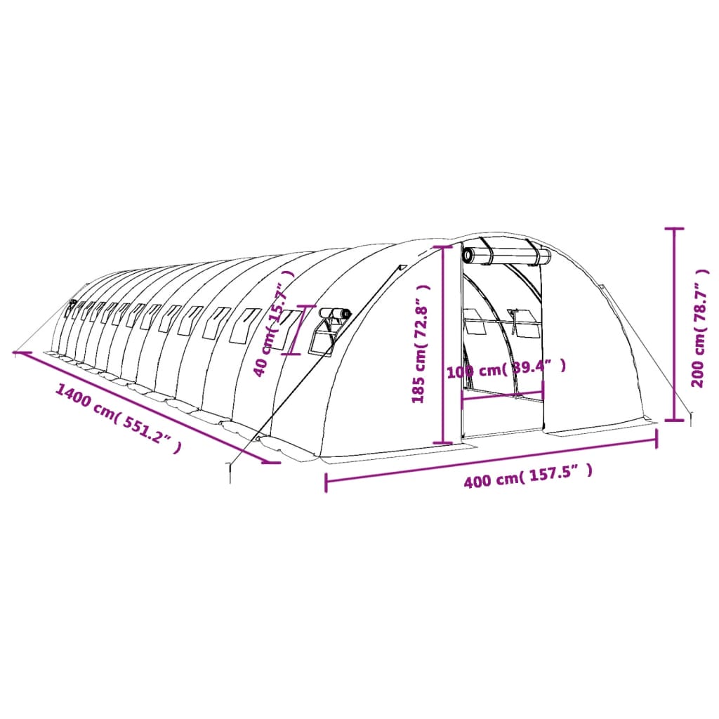 Šiltnamis su plieno rėmu, žalios spalvos, 14x4x2m, 56m² Šiltnamis su plieno rėmu, žalios spalvos, 14x4x2m, 56m²
