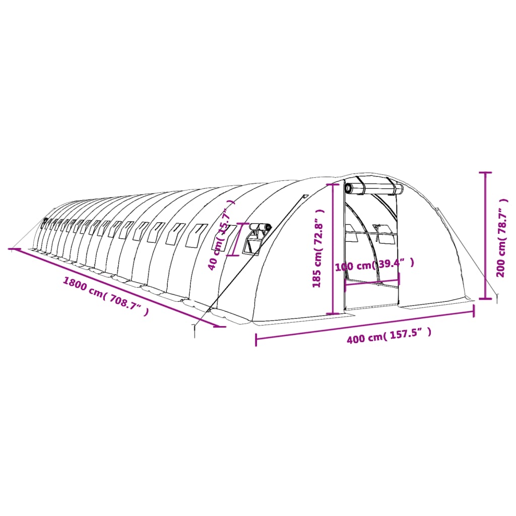 Šiltnamis su plieno rėmu, žalios spalvos, 18x4x2m, 72m² Šiltnamis su plieno rėmu, žalios spalvos, 18x4x2m, 72m²
