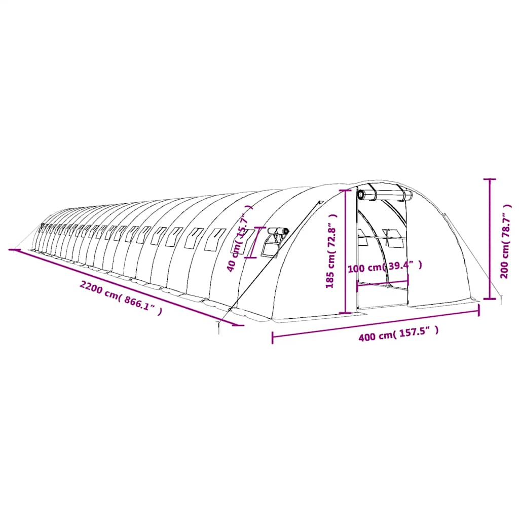 Šiltnamis su plieno rėmu, žalios spalvos, 22x4x2m, 88m² Šiltnamis su plieno rėmu, žalios spalvos, 22x4x2m, 88m²