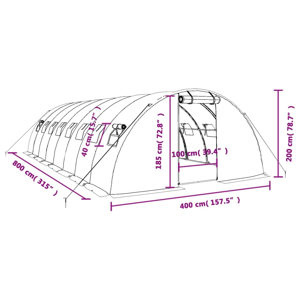 Šiltnamis su plieno rėmu, baltos spalvos, 8x4x2m, 32m² Šiltnamis su plieno rėmu, baltos spalvos, 8x4x2m, 32m²