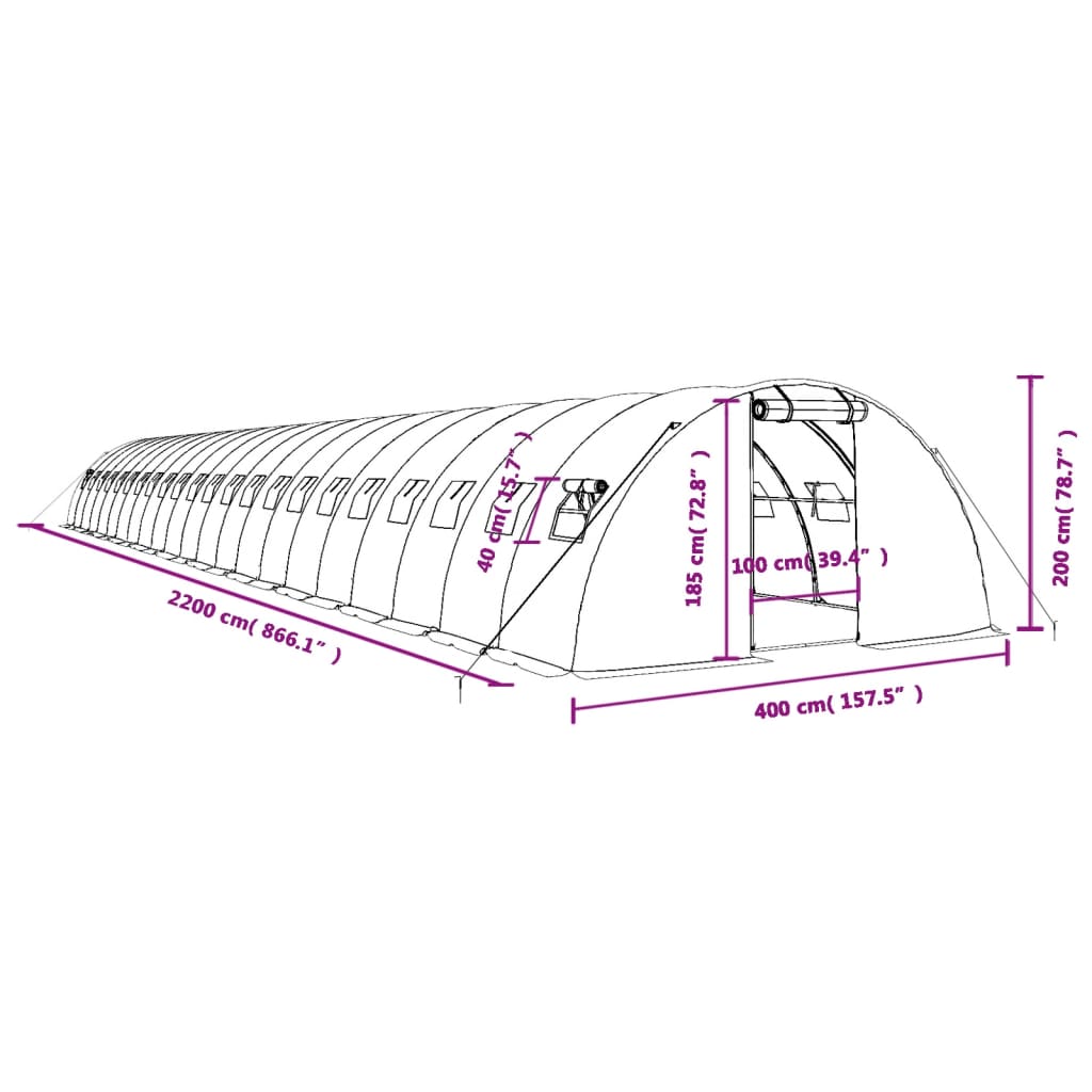 Šiltnamis su plieno rėmu, baltos spalvos, 22x4x2m, 88m² Šiltnamis su plieno rėmu, baltos spalvos, 22x4x2m, 88m²