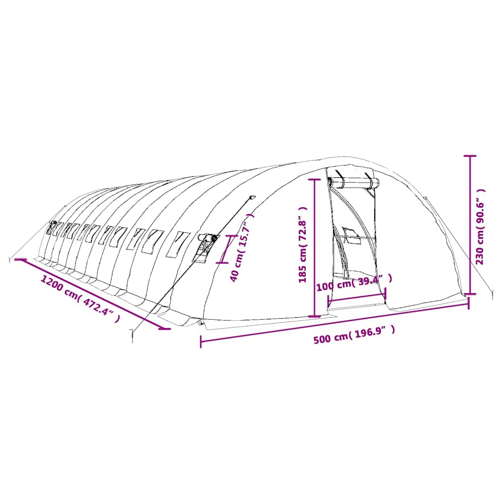 Šiltnamis su plieno rėmu, žalios spalvos, 12x5x2,3m, 60m² Šiltnamis su plieno rėmu, žalios spalvos, 12x5x2,3m, 60m²