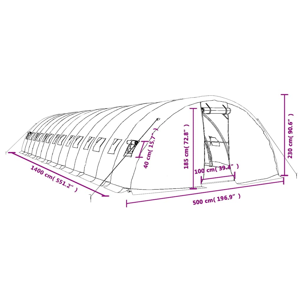 Šiltnamis su plieno rėmu, žalios spalvos, 14x5x2,3m, 70m² Šiltnamis su plieno rėmu, žalios spalvos, 14x5x2,3m, 70m²
