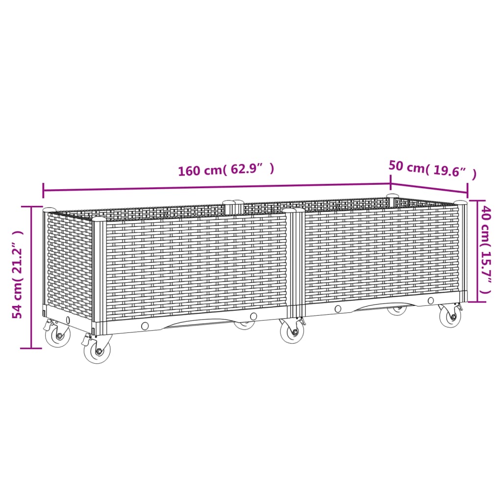 Sodo lovelis su ratukais, rudos spalvos, 160x50x54cm, PP Sodo lovelis su ratukais, rudos spalvos, 160x50x54cm, PP